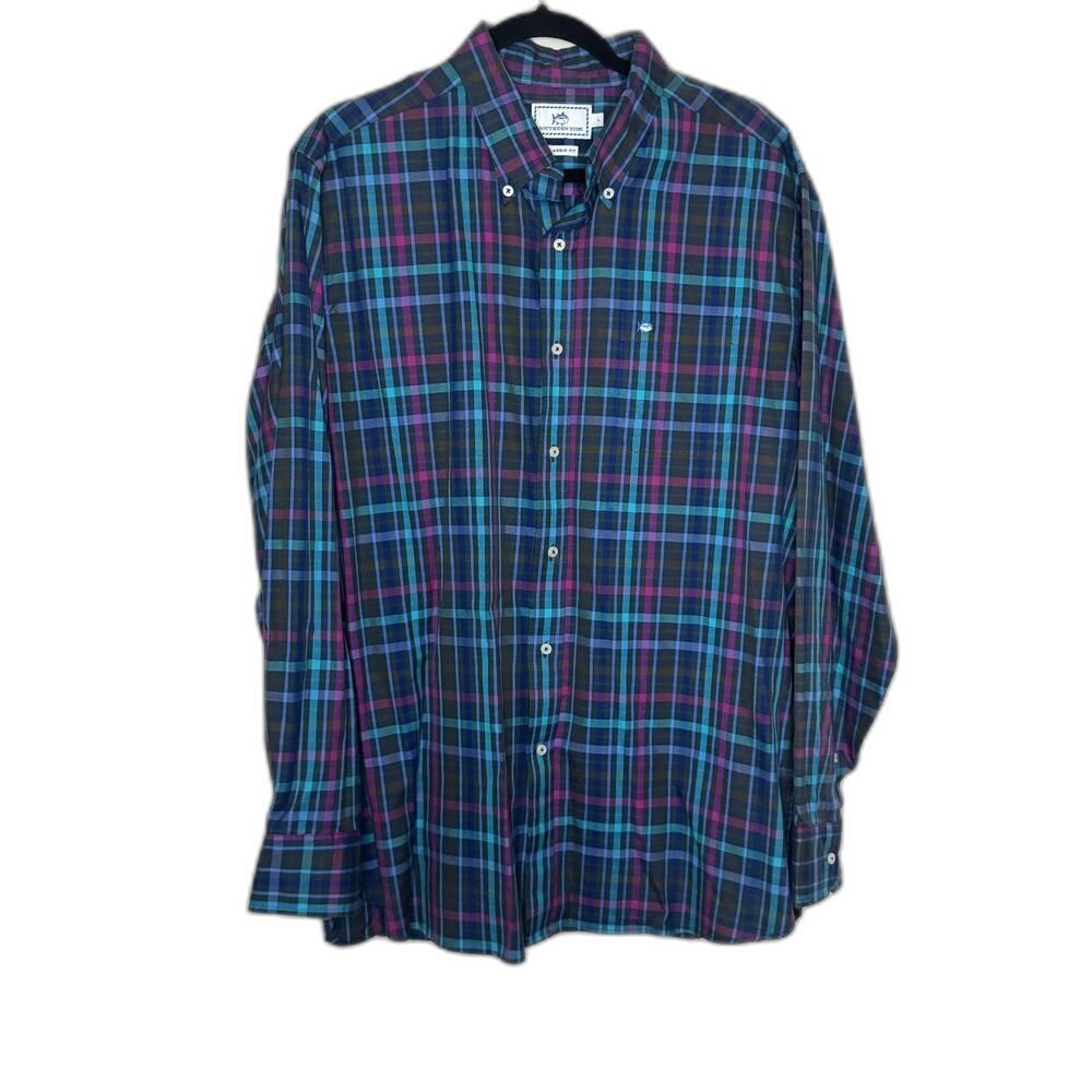 Southern Tide Button Down Shirt Classic Fit Plaid Blue Purple Green LG Cotton - Picture 2 of 9